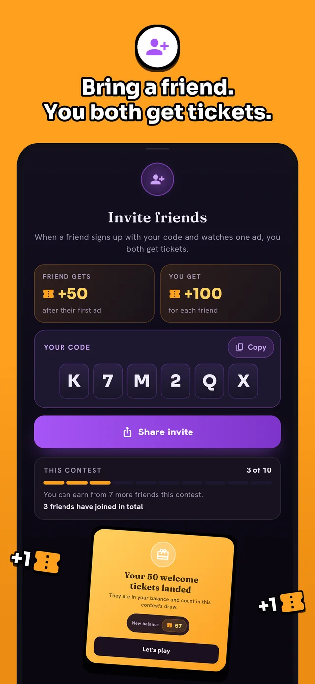 App Store screenshot: Bring a friend. You both get tickets.