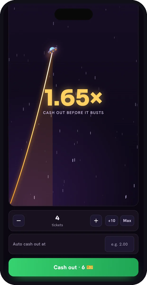 A live round of Crash, with the multiplier climbing and a cash-out button.