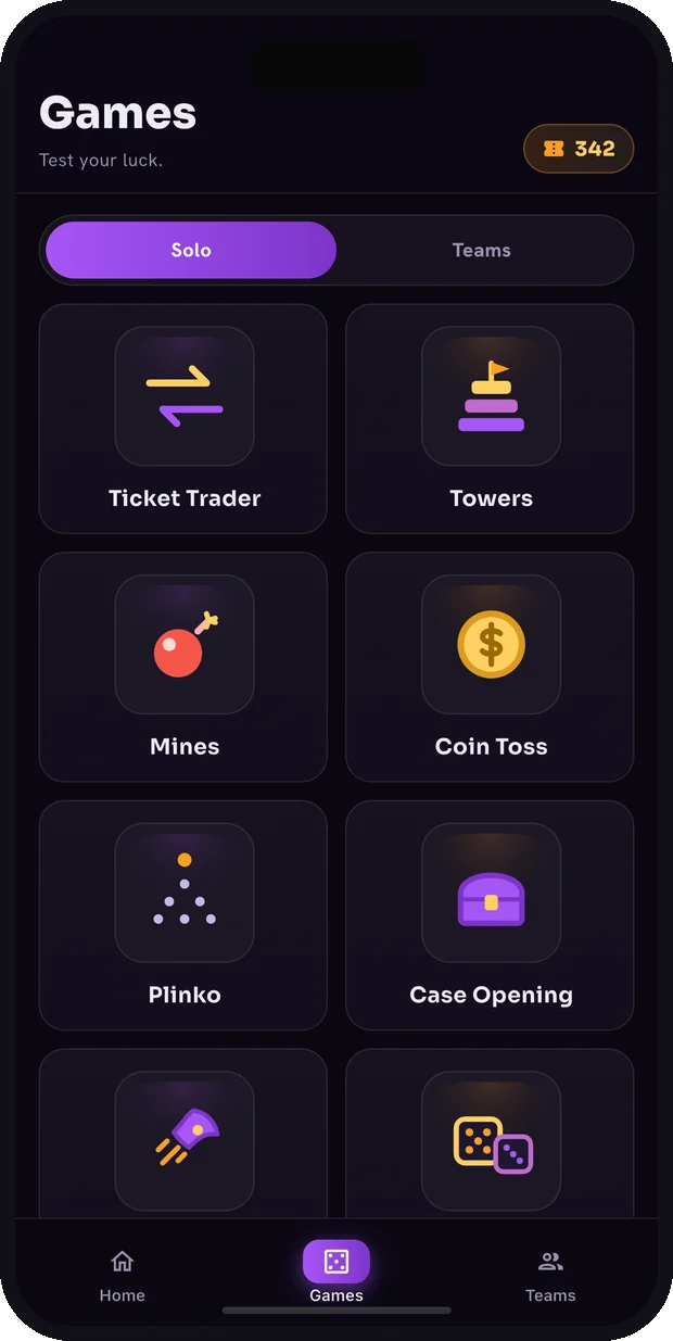 The games grid in the app, with a Solo and Teams switch above twelve game tiles.